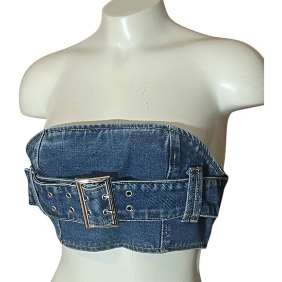Pretty Little Thing Denim Mini Bandeau Buckle Vintage Wash Sz 6 NWT - Picture 2 of 9